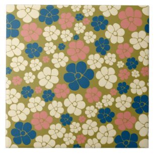 Azulejo Patrón de flores: azul, verde oliva, rosa y crema