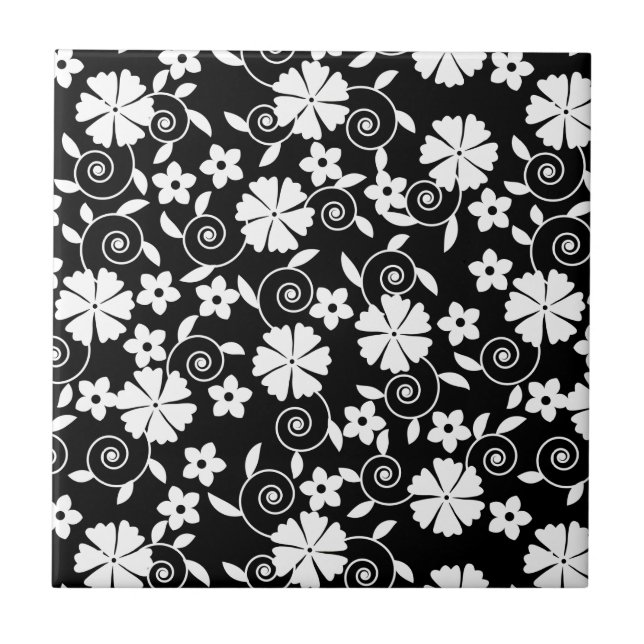 Azulejo Patrón de flores blancas negras (Frente)