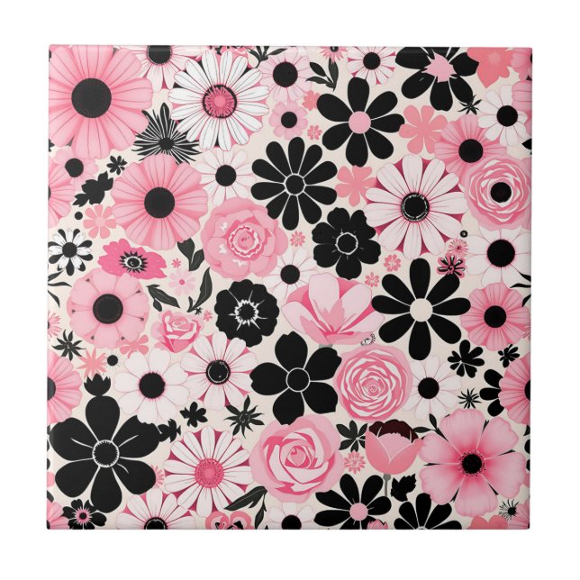 Azulejo Patrón de flores botánicas retro rosa y negro (Frente)
