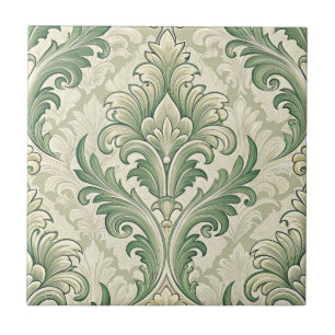 Azulejo Patrón de flores botánicas vintage verde y beige