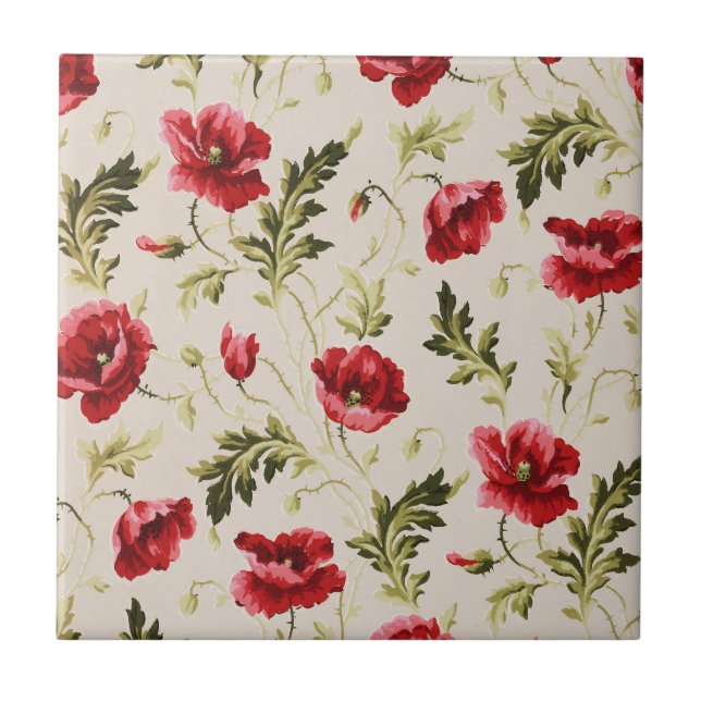 Azulejo Patrón de flores de amapolas rojas brillantes vint (Frente)