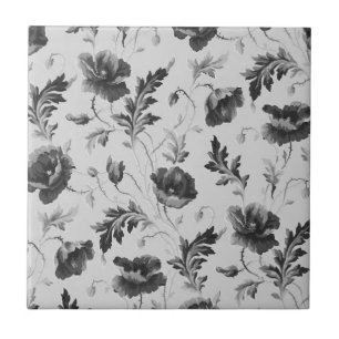 Azulejo Patrón de flores de amapolas vintage en blanco y n