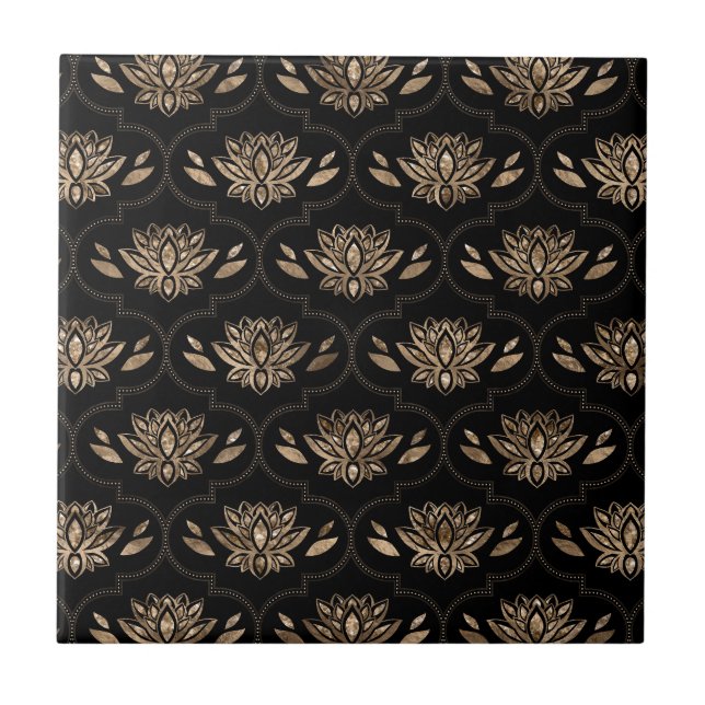Azulejo Patrón de flores de Lotus - negro y oro (Frente)