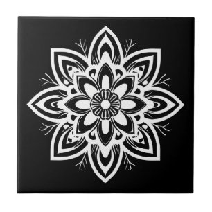Azulejo Patrón de flores de Mandala en blanco y negro