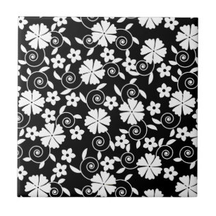 Azulejo Patrón de flores de remolino blanco y negro lindo