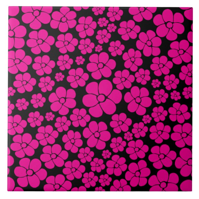 Azulejo Patrón de flores - Magenta y negro (Frente)