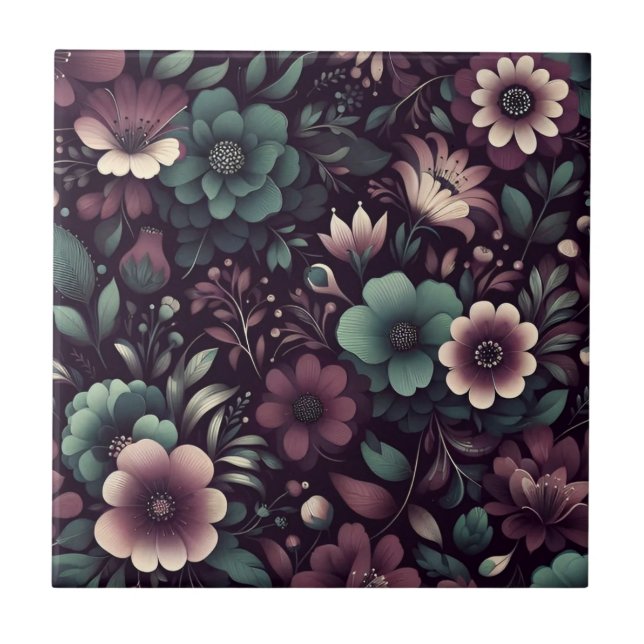 Azulejo Patrón de flores moradas y verdes oscuras (Frente)