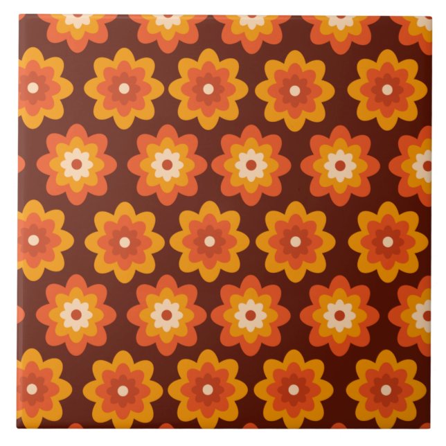 Azulejo Patrón de flores naranja boho hippie retro groovy  (Frente)