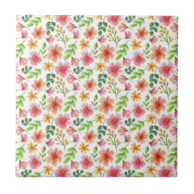 Azulejo Patrón de flores rosadas acuarela (Frente)