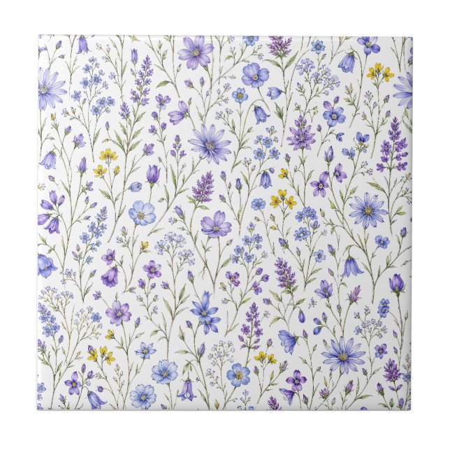 Azulejo Patrón de flores silvestres acuarela amarillo púrp (Frente)