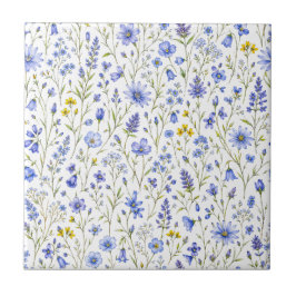 Azulejo Patrón de flores silvestres acuarela azul amarillo