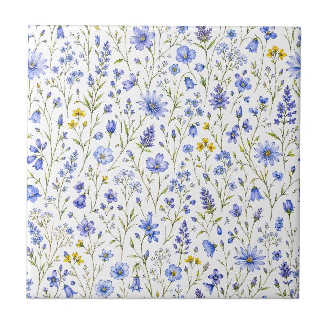 Azulejo Patrón de flores silvestres acuarela azul amarillo (Frente)