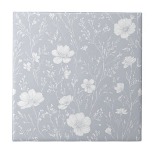 Azulejo Patrón de flores silvestres grises y blancos atenu