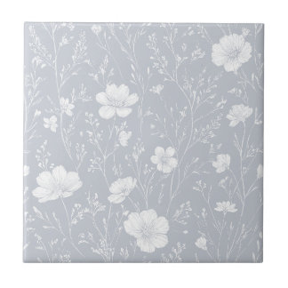 Azulejo Patrón de flores silvestres grises y blancos atenu