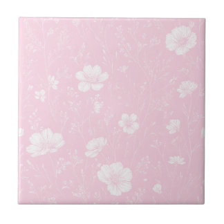 Azulejo Patrón de flores silvestres rosadas y blancas disc