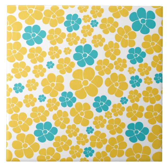 Azulejo Patrón de flores - Turquesa y amarillo (Frente)