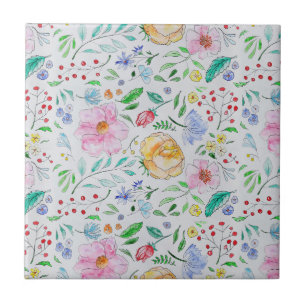 Azulejo Patrón de flores y capullos de acuarela ligera bon