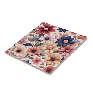 Azulejo Patrón de flores y hojas en rosa atrevido
