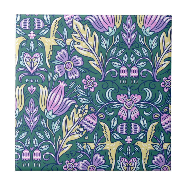 Azulejo Patrón de flores y pájaros de estilo antiguo (Frente)