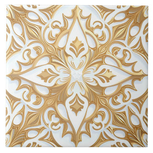 Azulejo Patrón de florituras blancas y doradas
