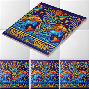 Azulejo Patrón de friso de flores y peces Koi Art Nouveau