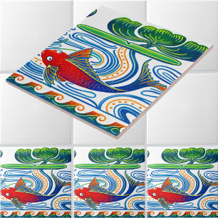 Azulejo Patrón de friso de pez y lirio retro art nouveau