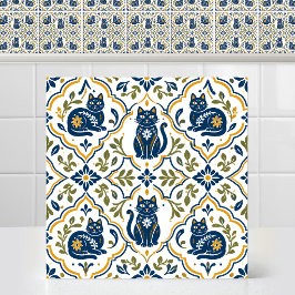 Azulejo Patrón de gato de arte popular minimalista mayólic