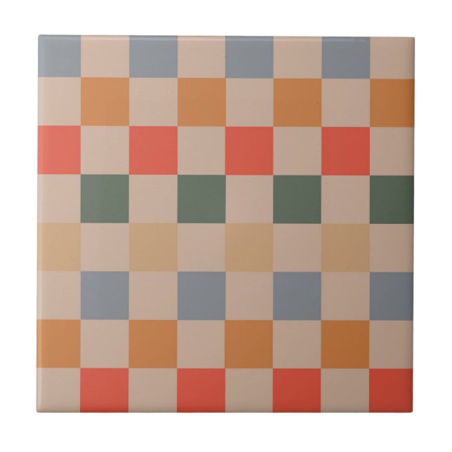 Azulejo Patrón de Gingham a Cuadros Azul Beige Naranja Mar (Frente)