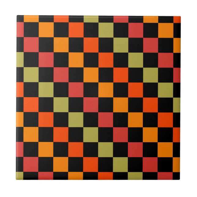 Azulejo Patrón de Gingham de naranja Black Checkered (Frente)