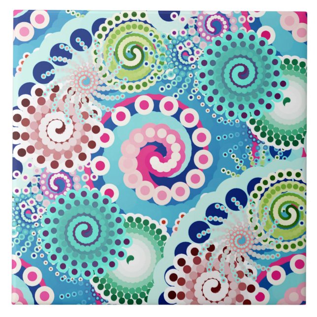 Azulejo Patrón de giro fractal, turquesa, rosa, múltiple (Frente)