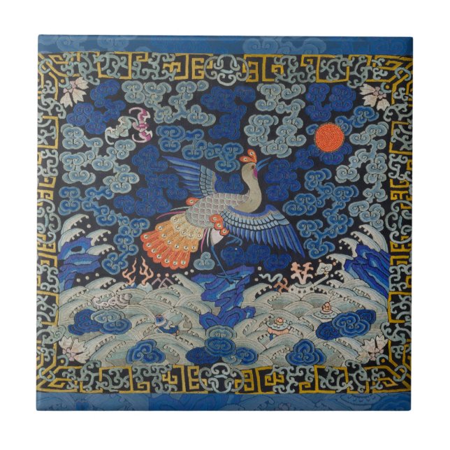 Azulejo Patrón de grulla china vintage: azul imperial (Frente)