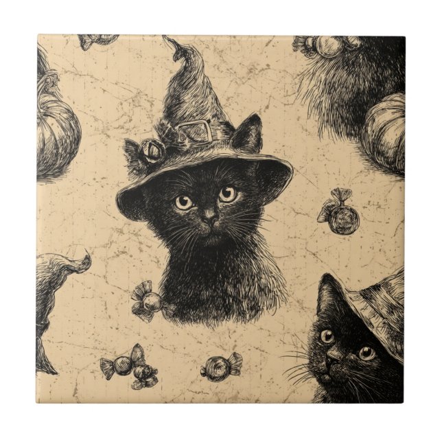 Azulejo Patrón de Halloween de Brujas Rústicas de Gato Neg (Frente)