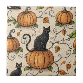 Azulejo Patrón de Halloween de gatos negros y calabazas
