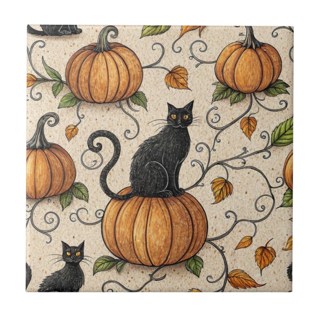 Azulejo Patrón de Halloween de gatos negros y calabazas (Frente)