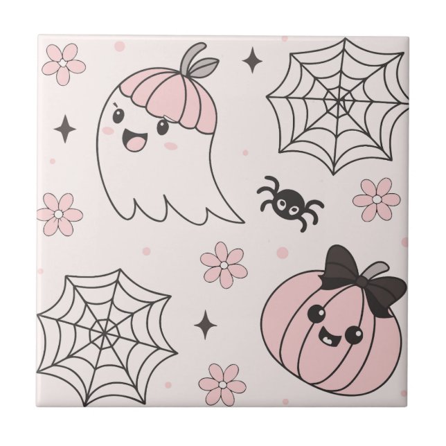 Azulejo Patrón de Halloween rosa kawaii con fantasma, cala (Frente)