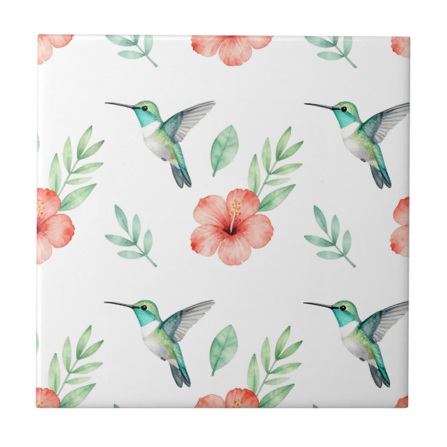 Azulejo Patrón de Hibisco Colibrí Turquesa (Frente)