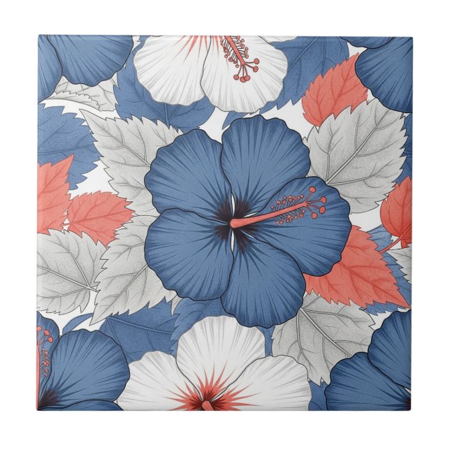 Azulejo Patrón de Hibisco Tropical Costero (1) (Frente)