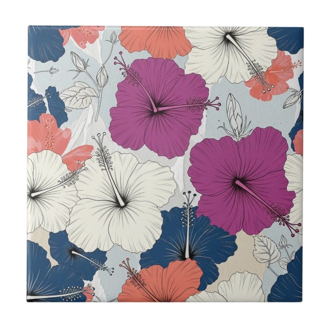 Azulejo Patrón de Hibisco Tropical Costero (15) (Frente)