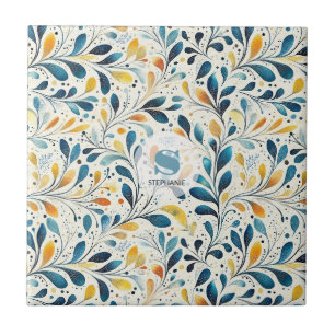 Azulejo Patrón de hoja botánica Navy Teal Amber