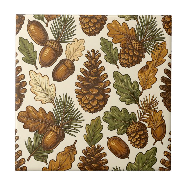 Azulejo Patrón de hoja de roble piña bellota de otoño (Frente)