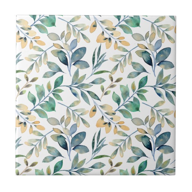 Azulejo Patrón de hoja verde y amarillo de acuarela fresca (Frente)