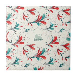 Azulejo Patrón de hojas de paisley azul y roja caprichosas