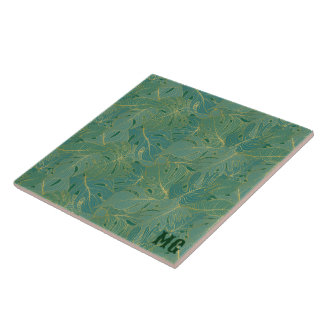 Azulejo Patrón de hojas de palma verdes y doradas