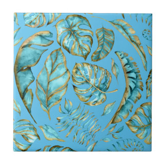 Azulejo Patrón de hojas de selva tropical aqua oro tropica