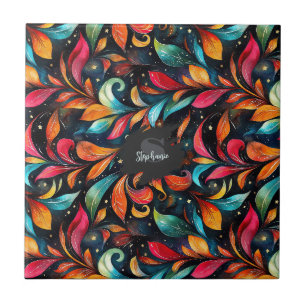Azulejo Patrón de hojas espumosas coloridas - fondo negro