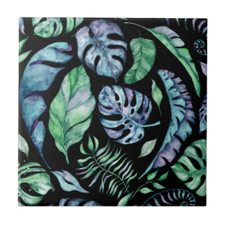 Azulejo Patrón de hojas tropicales verde púrpura tropical