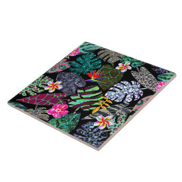 Azulejo Patrón de hojas y flores tropicales vibrantes