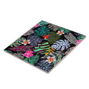 Azulejo Patrón de hojas y flores tropicales vibrantes