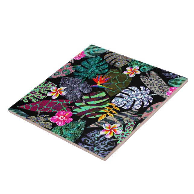 Azulejo Patrón de hojas y flores tropicales vibrantes (Lado)