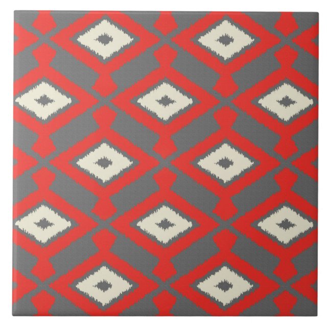 Azulejo Patrón de Ikat - Rojo, Gris y Beige (Frente)